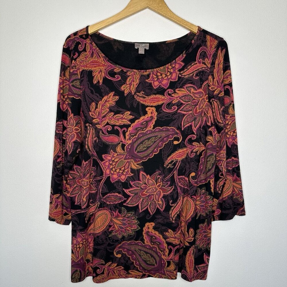 J Jill Tunic Top Size L Floral‎ Paisley Black